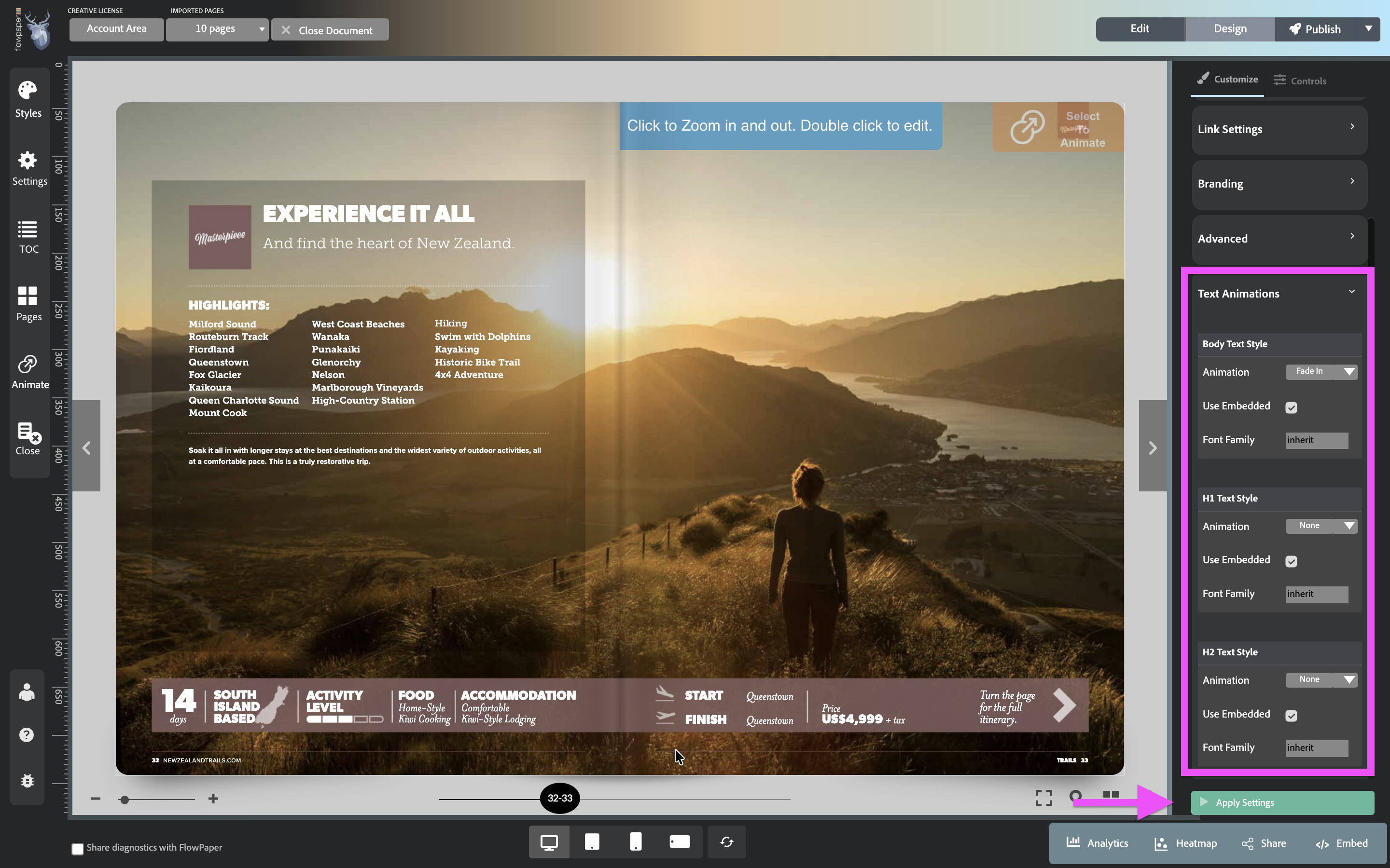 Animate all text headings and paragraphs across a PDF flipbook page in FlowPaper