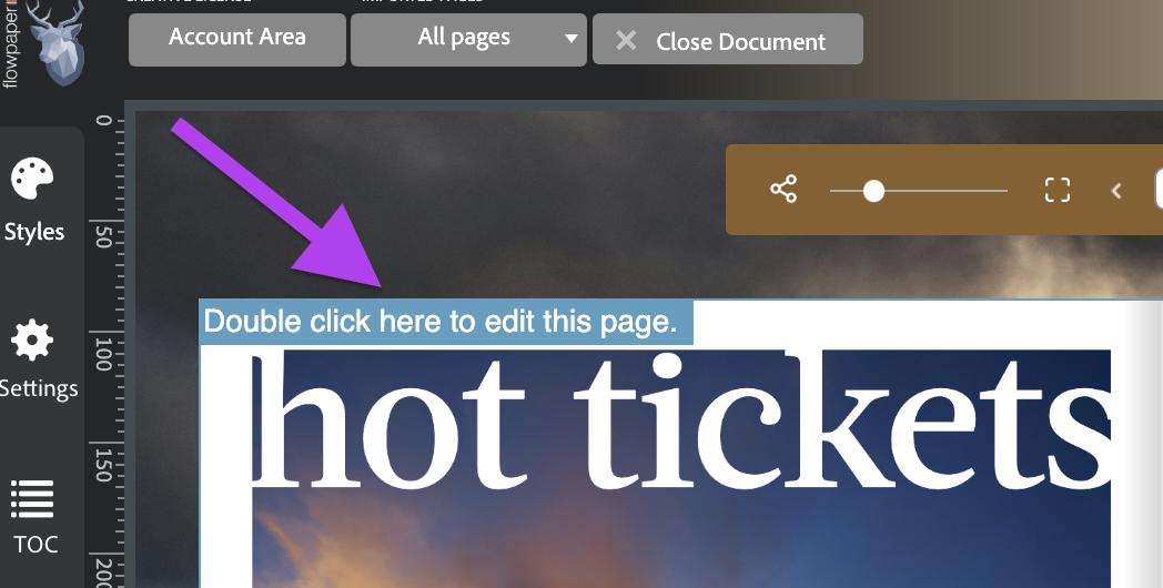 Double-click a PDF flipbook page area to enter edit mode and place a video element