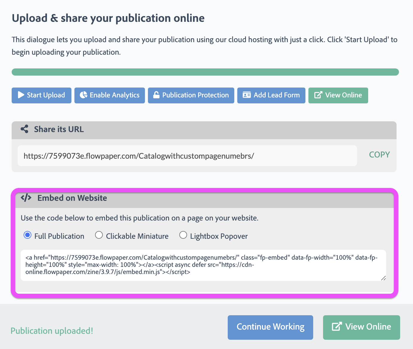 Copy the iframe embed code to add an interactive PDF flipbook to your website