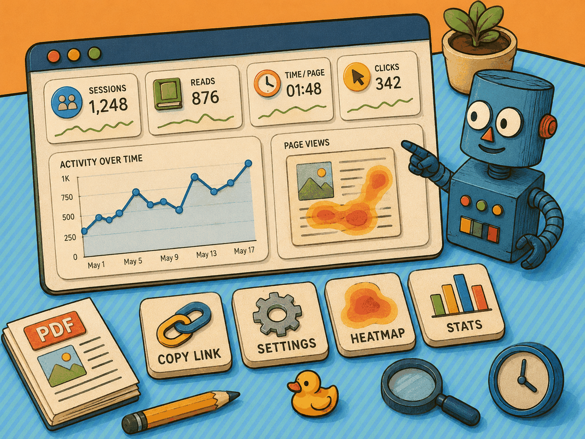 FlowPaper PDF analytics dashboard showing sessions, reads, time per page, and clicks