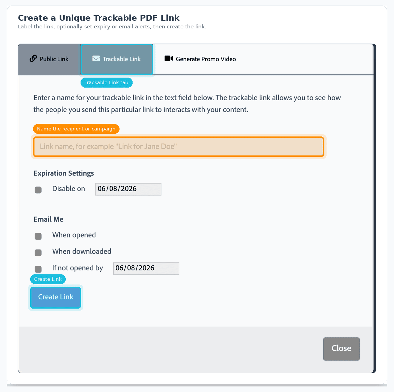 FlowPaper dialog for creating a trackable PDF link with link name, expiry settings, and email alert options